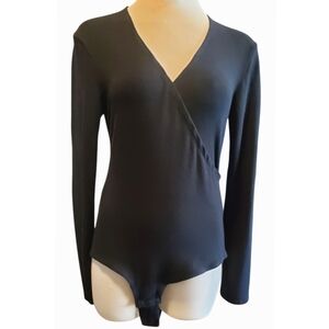 Madewell Bodysuit Black Womens L V-neck Wrap Front Long Sleeve Ballet Thong